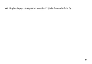 231
Voici le planning qui correspond au scénario n°2 (tâche D avant la tâche E) :
 