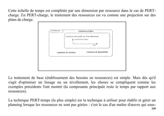 249
Cette échelle de temps est complétée par une dimension par ressource dans le cas de PERT-
charge. En PERT-charge, le traitement des ressources est vu comme une projection sur des
plans de charge.
Le traitement de base (établissement des besoins en ressources) est simple. Mais dès qu'il
s'agit d'optimiser un lissage ou un nivellement, les choses se compliquent comme les
exemples précédents l'ont montré (la composante principale reste le temps par rapport aux
ressources).
La technique PERT-temps (la plus simple) est la technique à utiliser pour établir et gérer un
planning lorsque les ressources ne sont pas gérées : c'est le cas d'un maître d'œuvre qui sous-
 