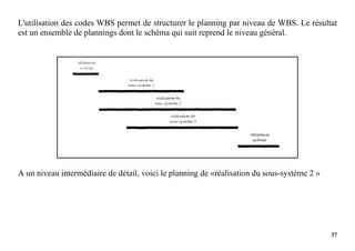 37
L'utilisation des codes WBS permet de structurer le planning par niveau de WBS. Le résultat
est un ensemble de plannings dont le schéma qui suit reprend le niveau général.
A un niveau intermédiaire de détail, voici le planning de «réalisation du sous-système 2 »
 