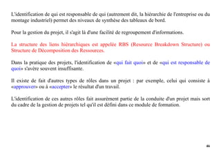 46
L'identification de qui est responsable de qui (autrement dit, la hiérarchie de l'entreprise ou du
montage industriel) permet des niveaux de synthèse des tableaux de bord.
Pour la gestion du projet, il s'agit là d'une facilité de regroupement d'informations.
La structure des liens hiérarchiques est appelée RBS (Resource Breakdown Structure) ou
Structure de Décomposition des Ressources.
Dans la pratique des projets, l'identification de «qui fait quoi» et de «qui est responsable de
quoi» s'avère souvent insuffisante.
Il existe de fait d'autres types de rôles dans un projet : par exemple, celui qui consiste à
«approuver» ou à «accepter» le résultat d'un travail.
L'identification de ces autres rôles fait assurément partie de la conduite d'un projet mais sort
du cadre de la gestion de projets tel qu'il est défini dans ce module de formation.
 