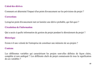 65
Calcul des dérives
Comment est déterminé l'impact d'un point d'avancement sur les prévisions du projet ?
Corrections
Lorsqu'un point d'avancement met en lumière une dérive probable, qui fait quoi ?
Circulation de l'information
Qui a accès à quelle information de gestion du projet pendant le déroulement du projet ?
Historique
Existe-t-il une volonté de l'entreprise de constituer une mémoire de ses projets ?
Contenu
Les différentes variables qui caractérisent les projets sont-elles définies de façon claire,
complète et non ambiguë ? Les différents chefs de projet connaissent-ils tous la signification
de ces variables ?
 