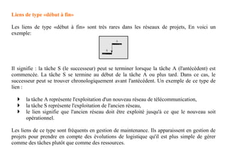 76
Liens de type «début à fin»
Les liens de type «début à fin» sont très rares dans les réseaux de projets, En voici un
exemple:
Il signifie : la tâche S (le successeur) peut se terminer lorsque la tâche A (l'antécédent) est
commencée. La tâche S se termine au début de la tâche A ou plus tard. Dans ce cas, le
successeur peut se trouver chronologiquement avant l'antécédent. Un exemple de ce type de
lien :
 la tâche A représente l'exploitation d'un nouveau réseau de télécommunication,
 la tâche S représente l'exploitation de l'ancien réseau,
 le lien signifie que l'ancien réseau doit être exploité jusqu'à ce que le nouveau soit
opérationnel.
Les liens de ce type sont fréquents en gestion de maintenance. Ils apparaissent en gestion de
projets pour prendre en compte des évolutions de logistique qu'il est plus simple de gérer
comme des tâches plutôt que comme des ressources.
 