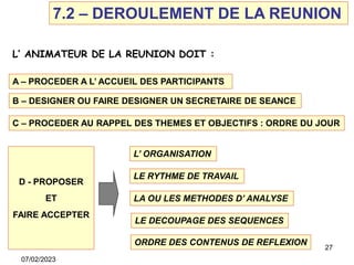 7.2 – DEROULEMENT DE LA REUNION
L’ ANIMATEUR DE LA REUNION DOIT :
A – PROCEDER A L’ ACCUEIL DES PARTICIPANTS
B – DESIGNER ...