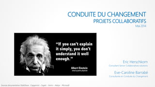 CONDUITE DU CHANGEMENT
PROJETS COLLABORATIFS
Mai 2014
Eric Herschkorn
Consultant Senior Collaboratives solutions
Sources documentaires SlideShare : Capgemini – Sogeti - Voirin – Atelya - Microsoft
Eve-Caroline Barrabé
Consultante en Conduite du Changement
 