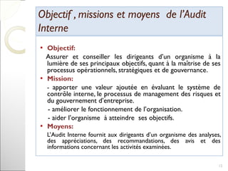 Objectif , missions et moyens de l’AuditObjectif , missions et moyens de l’Audit
InterneInterne
• Objectif:
Assurer et conseiller les dirigeants d’un organisme à la
lumière de ses principaux objectifs, quant à la maîtrise de ses
processus opérationnels, stratégiques et de gouvernance.
• Mission:
- apporter une valeur ajoutée en évaluant le système de
contrôle interne, le processus de management des risques et
du gouvernement d’entreprise.
- améliorer le fonctionnement de l’organisation.
- aider l’organisme à atteindre ses objectifs.
• Moyens:
L’Audit Interne fournit aux dirigeants d’un organisme des analyses,
des appréciations, des recommandations, des avis et des
informations concernant les activités examinées.
12
 