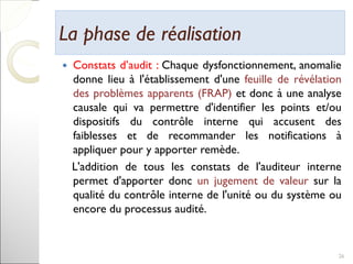La phase de réalisationLa phase de réalisation
 Constats d’audit : Chaque dysfonctionnement, anomalie
donne lieu à l'établissement d'une feuille de révélation
des problèmes apparents (FRAP) et donc à une analyse
causale qui va permettre d'identifier les points et/ou
dispositifs du contrôle interne qui accusent des
faiblesses et de recommander les notifications à
appliquer pour y apporter remède.
L'addition de tous les constats de l'auditeur interne
permet d'apporter donc un jugement de valeur sur la
qualité du contrôle interne de l'unité ou du système ou
encore du processus audité.
26
 