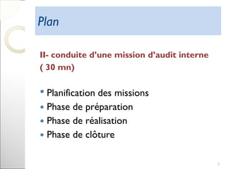 PlanPlan
II- conduite d’une mission d’audit interne
( 30 mn)
• Planification des missions
 Phase de préparation
 Phase de réalisation
 Phase de clôture
3
 