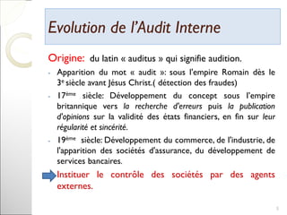 Evolution de l’Audit InterneEvolution de l’Audit Interne
Origine: du latin « auditus » qui signifie audition.
- Apparition du mot « audit »: sous l'empire Romain dès le
3e siècle avant Jésus Christ.( détection des fraudes)
- 17ème siècle: Développement du concept sous l’empire
britannique vers la recherche d'erreurs puis la publication
d'opinions sur la validité des états financiers, en fin sur leur
régularité et sincérité.
- 19ème siècle: Développement du commerce, de l'industrie, de
l'apparition des sociétés d'assurance, du développement de
services bancaires.
- Instituer le contrôle des sociétés par des agents
externes.
5
 