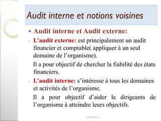 Audit interne et notions voisinesAudit interne et notions voisines
 Audit interne et Audit externe:
- L’audit externe: est principalement un audit
financier et comptable( appliquer à un seul
domaine de l’organisme).
Il a pour objectif de chercher la fiabilité des états
financiers.
- L’audit interne: s’intéresse à tous les domaines
et activités de l’organisme.
Il a pour objectif d’aider le dirigeants de
l’organisme à atteindre leurs objectifs.
14
 