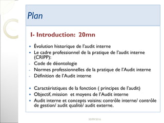 PlanPlan
I- Introduction: 20mn
 Évolution historique de l’audit interne
 Le cadre professionnel de la pratique de l’audit interne
(CRIPP):
- Code de déontologie
- Normes professionnelles de la pratique de l’Audit interne
- Définition de l’Audit interne
 Caractéristiques de la fonction ( principes de l’audit)
 Objectif, mission et moyens de l’Audit interne
 Audit interne et concepts voisins: contrôle interne/ contrôle
de gestion/ audit qualité/ audit externe.
2
 