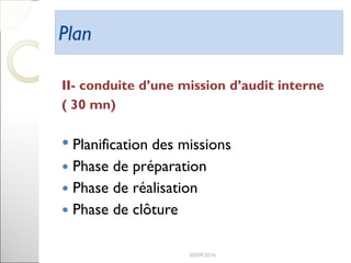 PlanPlan
II- conduite d’une mission d’audit interne
( 30 mn)
• Planification des missions
 Phase de préparation
 Phase de réalisation
 Phase de clôture
3
 