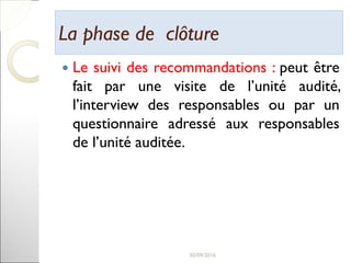 La phase de clôtureLa phase de clôture
 Le suivi des recommandations : peut être
fait par une visite de l’unité audité,
l’interview des responsables ou par un
questionnaire adressé aux responsables
de l’unité auditée.
32
 