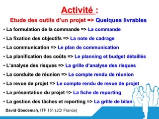 Activité :
   Etude des outils d’un projet => Quelques livrables
• La formulation de la commande => La commande
• La fixation des objectifs => La note de cadrage
• La communication => Le plan de communication
• La planification des coûts => Le planning et budget détaillés
• L’analyse des risques => La grille d’analyse des risques
• La conduite de réunion => Le compte rendu de réunion
• La revue de projet => Le compte rendu de revue de projet
• La présentation du projet => La fiche de reporting
• La gestion des tâches et reporting => La grille de bilan
 David Gbedemah, ITF 151 (JCI France)
 
