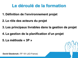 Le déroulé de la formation
1. Définition de l’environnement projet

2. Le rôle des acteurs du projet

3. Les principaux livrables dans la gestion de projet

4. La gestion de la planification d’un projet

5. La méthode « 3P »



David Gbedemah, ITF 151 (JCI France)
 