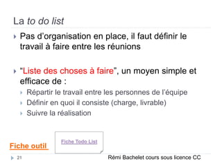 La to do list
 Pas d’organisation en place, il faut définir le
travail à faire entre les réunions
 “Liste des choses à faire”, un moyen simple et
efficace de :
 Répartir le travail entre les personnes de l’équipe
 Définir en quoi il consiste (charge, livrable)
 Suivre la réalisation
Rémi Bachelet cours sous licence CC
Fiche outil
Fiche Todo List
21
 