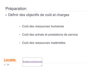 Préparation
24
 Définir des objectifs de coût et charges
Livrable Budget prévisionnel
 Coût des ressources humaines
 Coût des achats et prestations de service
 Coût des ressources matérielles
 