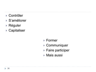 36
 Contrôler
 S’améliorer
 Réguler
 Capitaliser
 Former
 Communiquer
 Faire participer
 Mais aussi
 