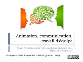 Animation, communication,
travail d’équipe
Manip. Freemind, outil de représentation graphique des idées
Animer une réunion…etc
Françoise GOUZI. Licence Pro IDEISST (MAJ oct. 2015)
1
 