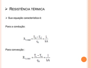  RESISTÊNCIA TÉRMICA
 Sua equação característica é:
Para a condução:
Para convecção :
 