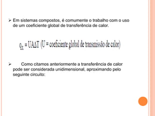  Em sistemas compostos, é comumente o trabalho com o uso
de um coeficiente global de transferência de calor.
 Como citamos anteriormente a transferência de calor
pode ser considerada unidimensional, aproximando pelo
seguinte circuito:
 