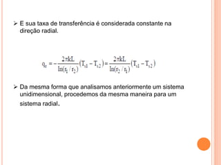  E sua taxa de transferência é considerada constante na
direção radial.
 Da mesma forma que analisamos anteriormente um sistema
unidimensional, procedemos da mesma maneira para um
sistema radial.
 