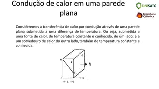 Condução de calor em uma parede
plana
Consideremos a transferência de calor por condução através de uma parede
plana submetida a uma diferença de temperatura. Ou seja, submetida a
uma fonte de calor, de temperatura constante e conhecida, de um lado, e a
um sorvedouro de calor do outro lado, também de temperatura constante e
conhecida.
 