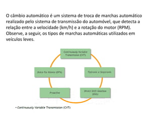 O câmbio automático é um sistema de troca de marchas automático
realizado pelo sistema de transmissão do automóvel, que detecta a
relação entre a velocidade (km/h) e a rotação do motor (RPM).
Observe, a seguir, os tipos de marchas automáticas utilizados em
veículos leves.
 