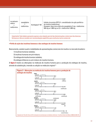 17 
incretinomi-incretinomi-mético 
mético 
+ 
metformina 
+ 
metformina 
Inibidor da enzima DPP-IV + sensibilizador da ação periférica 
da insulina (metformina). 
Dosagem: 50 mg de vildagliptina + 500, 850 ou 1.000 mg 
de metformina. 
Inibidor da enzima DPP-IV + sensibilizador da ação periférica 
da insulina (metformina). 
Dosagem: dose única diária de saxagliptina 5 mg + metformina 
500 mg ou 1.000 mg ou 2,5 + metformina 1.000 mg. 
vildagliptina 
+ 
metformina 
saxagliptina 
+ 
metformina 
Galvus Met® 
Kombiglyze® XR 
Importante: Esta tabela apresenta apenas uma relação parcial das denominações comerciais dos diversos 
fármacos e não se constitui em recomendação específica para nenhuma marca comercial. 
• Perfis de ação das insulinas humanas e dos análogos de insulina humana 
Basicamente, existem quatro modalidades de apresentações comerciais de insulina no mercado brasileiro: 
1) insulinas humanas isoladas; 
2) insulinas humanas em pré-mistura; 
3) análogos de insulina humana isolados; 
4) análogos bifásicos ou pré-mistura de insulina humana. 
A figura 3 mostra as alterações na molécula de insulina humana para a produção de análogos de insulina, 
através da substituição, inversão ou adição na molécula original.13 
Figura 3 - Alterações na molécula de insulina humana para a produção de 
análogos de insulina 
lispro 
s 
cadeia A 
1 
cadeia B 
1 
s 
6 7 11 
ss 
6 7 11 
20 
s 
s 
19 lis 
pro 
30 
asparte inversão 
cadeia A 
s s 
1 6 7 11 
cadeia B 
ss 
ss 
ss 
ss 
1 6 7 11 
glulisina 
cadeia A 
s s 
1 6 7 11 
cadeia B 
1 lis 
6 7 11 
s 
s 
s 
s 
substituição substituição 
glargina 
cadeia A 
s s 
1 6 7 11 
cadeia B 
1 6 7 11 
detemir 
cadeia A 
1 6 7 
cadeia B 
1 6 7 
11 
asp 
substituição 
agl 
30 
30 
30 
arg 
substituição 
gla 
20 
19 
20 
19 
20 
21 
adição 
29 30 
s 
s 
19 
s 
s 
19 
ácido mirístico 
s s 
Adaptado de: Pires AC, Chacra AR. A evolução da insulinoterapia no diabetes melito tipo 1. Arq Bras Endocrinol Metab. 2008;52/2:268-278. 
 
