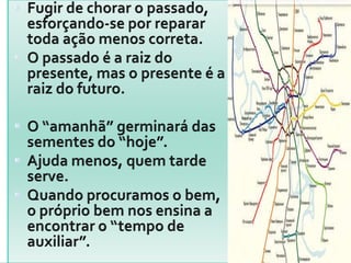 Fugir de chorar o passado, esforçando-se por reparar toda ação menos correta.O passado é a raiz do presente, mas o presente é a raiz do futuro.O “amanhã” germinará das sementes do “hoje”.Ajuda menos, quem tarde serve.Quando procuramos o bem, o próprio bem nos ensina a encontrar o “tempo de auxiliar”.