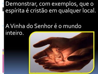 Demonstrar, com exemplos, que o espírita é cristão em qualquer local.A Vinha do Senhor é o mundo inteiro.