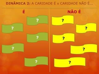 DINÂMICA 2: A CARIDADE É x CARIDADE NÃO É...NÃO ÉÉ??PacienteInvejosa??BrandaTemerária??BenfazejaOrgulhosa??HumildeInteresseira??AmorosaPreconceituosa