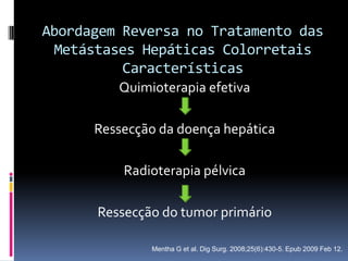 Abordagem Reversa no Tratamento das
 Metástases Hepáticas Colorretais
          Características
         Quimioterapia efetiva

      Ressecção da doença hepática

          Radioterapia pélvica

      Ressecção do tumor primário

              Mentha G et al. Dig Surg. 2008;25(6):430-5. Epub 2009 Feb 12.
 