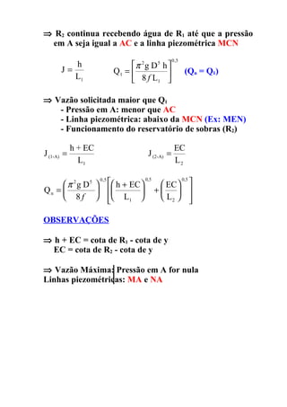 ⇒ R2 continua recebendo água de R1 até que a pressão
 em A seja igual a AC e a linha piezométrica MCN
                                                     0 ,5
         h                        π 2 g D5 h 
      J=                     Q1 =                         (Qn = Q1)
         L1                        8 f L1 

⇒ Vazão solicitada maior que Q1
   - Pressão em A: menor que AC
   - Linha piezométrica: abaixo da MCN (Ex: MEN)
   - Funcionamento do reservatório de sobras (R2)

            h + EC                                    EC
J (1-A) =                                J (2-A) =
              L1                                      L2

      π 2 g D5 
                     0 ,5
                             h + EC  0,5  EC  0,5 
Qn =                               +        
      8f                  
                             L1           L2     

OBSERVAÇÕES

⇒ h + EC = cota de R1 - cota de y
  EC = cota de R2 - cota de y

⇒ Vazão Máxima: Pressão em A for nula
Linhas piezométricas: MA e NA
 