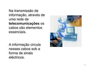 13Na transmissão de informação, através de uma rede de telecomunicações os cabos são elementos essenciais.A informação circula nesses cabos sob a forma de sinais eléctricos.