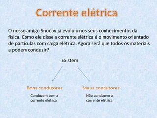 O nosso amigo Snoopy já evoluiu nos seus conhecimentos da
física. Como ele disse a corrente elétrica é o movimento orientado
de partículas com carga elétrica. Agora será que todos os materiais
a podem conduzir?
Existem
Bons condutores Maus condutores
Conduzem bem a
corrente elétrica
Não conduzem a
corrente elétrica
 