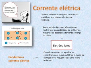 Se bem te lembras amigo as substâncias
metálicas têm poucos eletrões de
valência.
Assim, os eletrões mais afastados do
núcleo têm a possibilidade de se libertar,
movendo-se desordenadamente ao longo
do sólido.
Eletrões livres
Quando os metais ou a grafite se
encontram num circuito elétrico fechado os
eletrões livres movem-se de uma forma
ordenada
Conduzem a
corrente elétrica
 