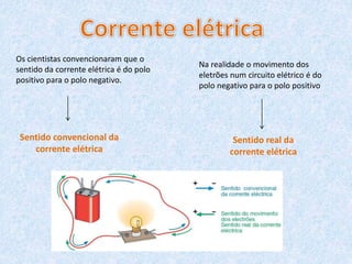 Os cientistas convencionaram que o
sentido da corrente elétrica é do polo
positivo para o polo negativo.
Sentido convencional da
corrente elétrica
Na realidade o movimento dos
eletrões num circuito elétrico é do
polo negativo para o polo positivo
Sentido real da
corrente elétrica
 