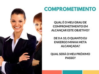 COMPROMETIMENTO
QUAL É O MEU GRAU DE
COMPROMETIMENTO EM
ALCANÇAR ESTE OBJETIVO?
DE 0 A 10, O QUANTO EU
ENXERGO MINHA META
ALCANÇADA?
QUAL SERÁ O MEU PRÓXIMO
PASSO?
 