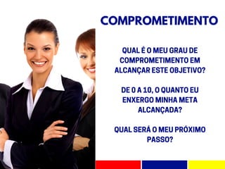 COMPROMETIMENTO
QUALÉOMEUGRAUDE
COMPROMETIMENTOEM
ALCANÇARESTEOBJETIVO?
DE0A10,OQUANTOEU
ENXERGOMINHAMETA
ALCANÇADA?
QUALSERÁOMEUPRÓXIMO
PASSO?
 
