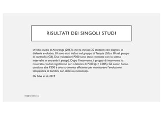 RISULTATI DEI SINGOLI STUDI
»Nello studio di Alvarenga (2013) che ha incluso 20 studenti con diagnosi di
dislessia evolutiva, 10 sono stati inclusi nel gruppo di Terapia (GI) e 10 nel gruppo
di controllo (GII). Due valutazioni P300 sono state condotte con lo stesso
intervallo in entrambi i gruppi). Dopo l’intervento, il gruppo di intervento ha
mostrato risultati significativi per la latenza di P300 (p = 0.005). Gli autori hanno
concluso che P300 è uno strumento efficiente per monitorare l’evoluzione
terapeutica di bambini con dislessia evolutiva)».
Da Silva et al, 2019
 