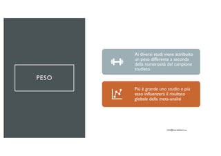 PESO
Ai diversi studi viene attribuito
un peso differente a seconda
della numerosità del campione
studiato.
Più è grande uno studio e più
esso influenzerà il risultato
globale della meta-analisi
 
