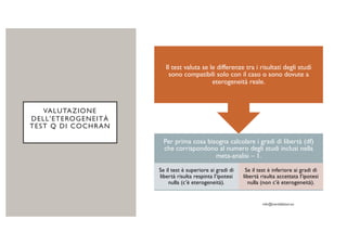 VALUTAZIONE
DELL'ETEROGENEITÀ
TEST Q DI COCHRAN
Per prima cosa bisogna calcolare i gradi di libertà (df)
che corrispondono al numero degli studi inclusi nella
meta-analisi – 1.
Se il test è superiore ai gradi di
libertà risulta respinta l’ipotesi
nulla (c’è eterogeneità).
Se il test è inferiore ai gradi di
libertà risulta accettata l’ipotesi
nulla (non c’è eterogeneità).
Il test valuta se le differenze tra i risultati degli studi
sono compatibili solo con il caso o sono dovute a
eterogeneità reale.
 
