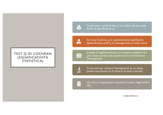 TEST Q DI COCHRAN
(SIGNIFICATIVITÀ
STATISTICA)
Confrontare i gradi di libertà e il valore del test nelle
tavole di distribuzione χ2
Se il test Cochran χ2 è statisticamente significativo
(generalmente p<0,1) c’è eterogeneità in modo certo.
Il livello di significatività per χ2 è spesso stabilito a 0,1
per il basso potere che questo test ha di individuare
l’eterogeneità.
Come test per valutare l’eterogeneità ha un basso
potere soprattutto se il numero di studi e piccolo
Ha invece troppo potere quando il numero degli studi è
alto.
 