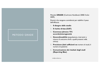 METODO GRADE
Metodo GRADE (Cochrane Handbook 2008, Furlan
2009).
Domini che vengono considerati per stabilire il peso
dell’efficacia
1. Il disegno dello studio
2. Il rischio di bias (CAT)
3. Coerenza (almeno 75%
accordo)/eterogeneità
4. Generalizzabilità (popolazione, interventi e
misure di outcome simili a quelli presenti nella
clinica)
5. Precisione (dati sufficienti es: numero di studi, il
numero di pazienti)
6. Comunicazione dei risultati degli studi
(Reporting Bias)
 