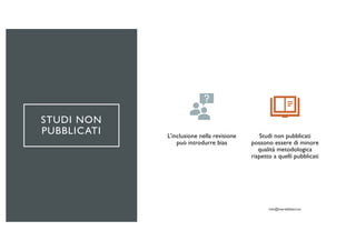 STUDI NON
PUBBLICATI L’inclusione nella revisione
può introdurre bias
Studi non pubblicati
possono essere di minore
qualità metodologica
rispetto a quelli pubblicati
 