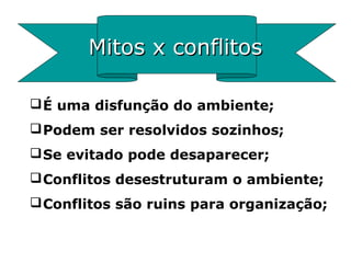 Mitos x conflitosMitos x conflitos
É uma disfunção do ambiente;
Podem ser resolvidos sozinhos;
Se evitado pode desaparecer;
Conflitos desestruturam o ambiente;
Conflitos são ruins para organização;
 