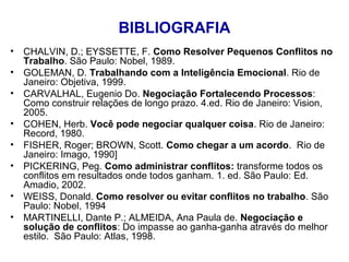 BIBLIOGRAFIA
• CHALVIN, D.; EYSSETTE, F. Como Resolver Pequenos Conflitos no
Trabalho. São Paulo: Nobel, 1989.
• GOLEMAN, D. Trabalhando com a Inteligência Emocional. Rio de
Janeiro: Objetiva, 1999.
• CARVALHAL, Eugenio Do. Negociação Fortalecendo Processos:
Como construir relações de longo prazo. 4.ed. Rio de Janeiro: Vision,
2005.
• COHEN, Herb. Você pode negociar qualquer coisa. Rio de Janeiro:
Record, 1980.
• FISHER, Roger; BROWN, Scott. Como chegar a um acordo. Rio de
Janeiro: Imago, 1990]
• PICKERING, Peg. Como administrar conflitos: transforme todos os
conflitos em resultados onde todos ganham. 1. ed. São Paulo: Ed.
Amadio, 2002.
• WEISS, Donald. Como resolver ou evitar conflitos no trabalho. São
Paulo: Nobel, 1994
• MARTINELLI, Dante P.; ALMEIDA, Ana Paula de. Negociação e
solução de conflitos: Do impasse ao ganha-ganha através do melhor
estilo. São Paulo: Atlas, 1998.
 