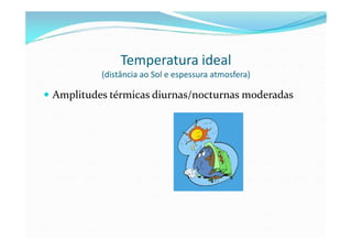Temperatura ideal
(distância ao Sol e espessura atmosfera)
Amplitudes térmicas diurnas/nocturnas moderadas