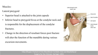 Muscles:
Lateral pterygoid
• Superior head is attached to the joint capsule
• Inferior head to pterygoid fovea at the condylar neck and
is responsible for the displacement of the condylar
fractures.
• Change in the direction of resultant forces post fracture
will alter the function of the mandible during various
excursion movements.
Vikas Dhupar; Fracture of the Mandibular Condyle; Oral and Maxillofacial
Surgery for the Clinician; Springer; 2021
 