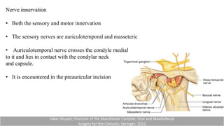 Nerve innervation
• Both the sensory and motor innervation
• The sensory nerves are auriculotemporal and masseteric
• Auriculotemporal nerve crosses the condyle medial
to it and lies in contact with the condylar neck
and capsule.
• It is encountered in the preauricular incision
Vikas Dhupar; Fracture of the Mandibular Condyle; Oral and Maxillofacial
Surgery for the Clinician; Springer; 2021
 